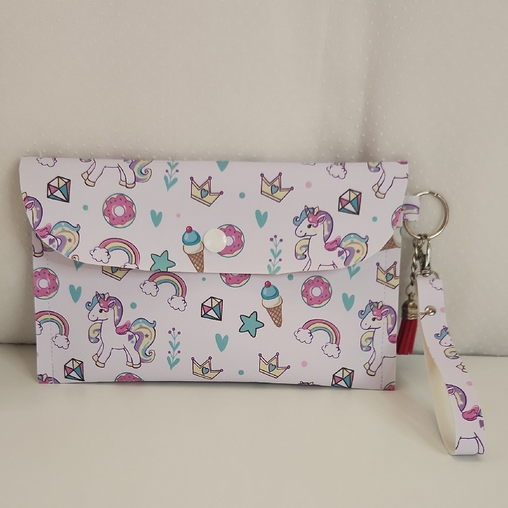 Handmade Unicorn Print Clutch Wallet with Wrist Strap.